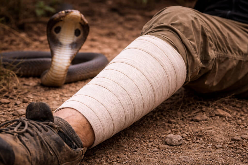 Lower leg wrapped with firm pressure bandage after cobra bite with snake visible in background