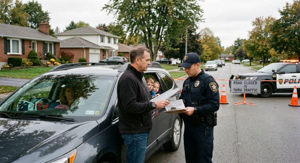 Driver showing documents at evacuation roadblock checkpoint