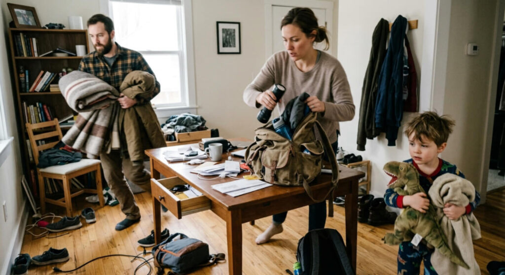 Family rushing to pack bags during evacuation drill at home