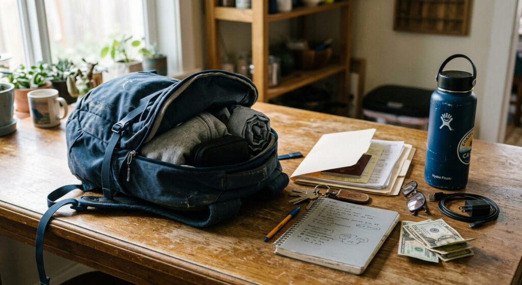 Go bag with documents, keys, and everyday items packed at home