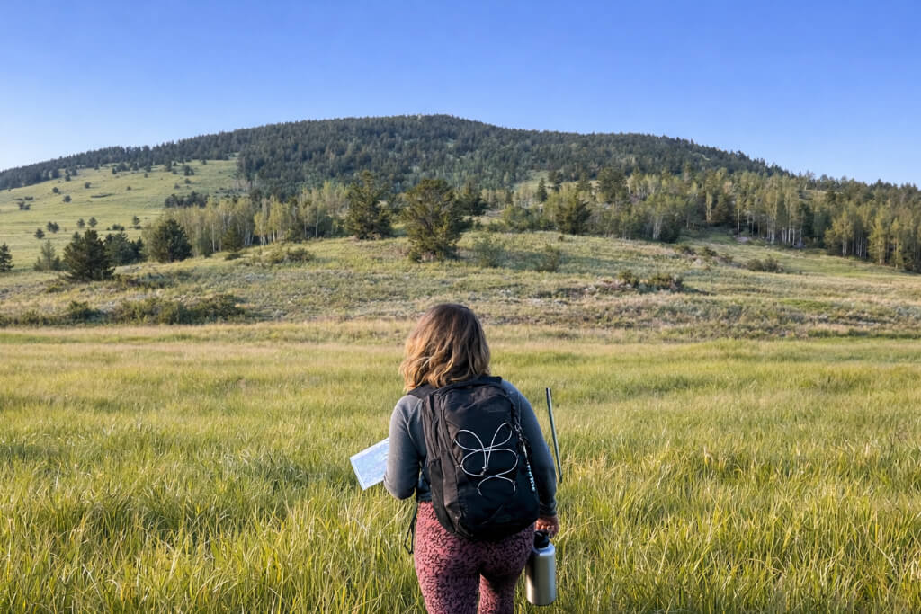 Hiker checking a map in open mountain terrain after losing the trail