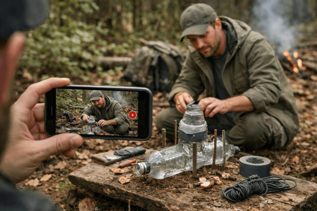 Person filming a staged survival hack using a plastic bottle trap in the woods with a smartphone