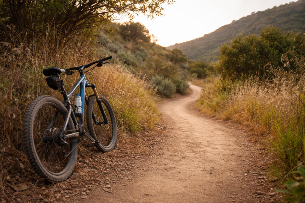 mountain bike on narrow dirt trail with dry brush in southern california rattlesnake habitat