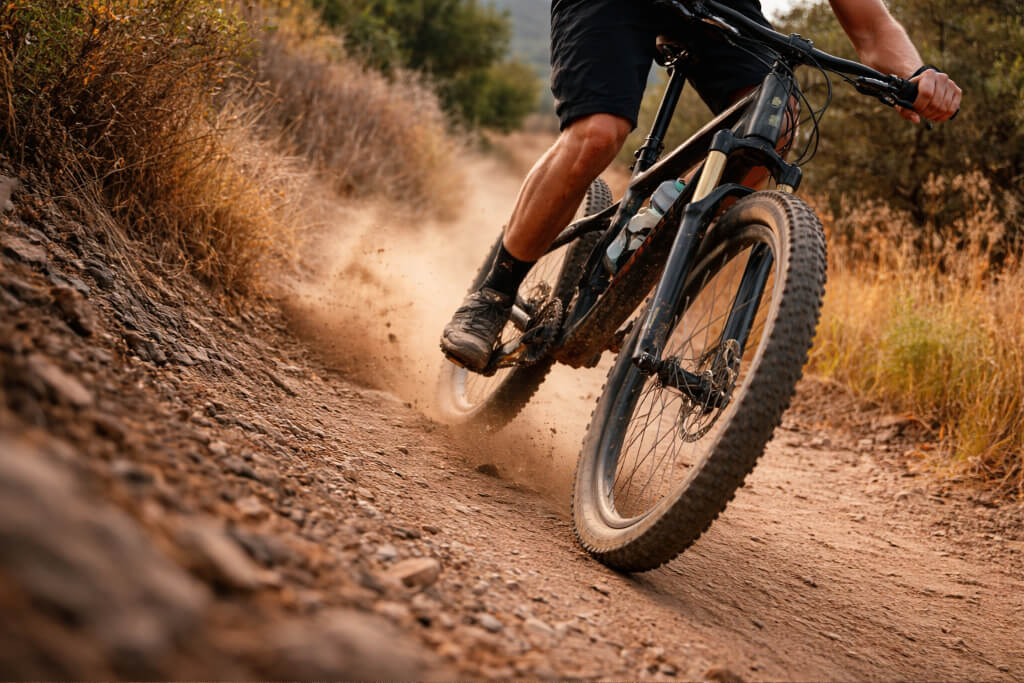 mountain biker riding fast on dusty trail showing physical exertion and movement