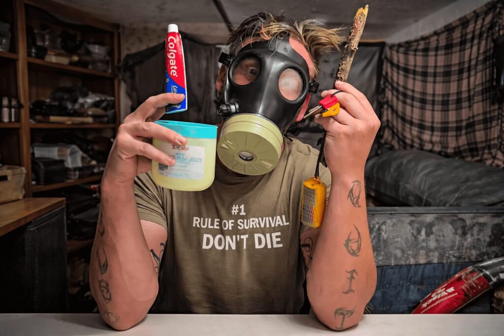 Person holding toothpaste, petroleum jelly, and fire starter materials while wearing a gas mask during a survival hack demonstration