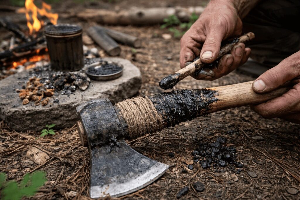 Hands applying pine pitch and charcoal mixture to repair a split axe handle in the wilderness