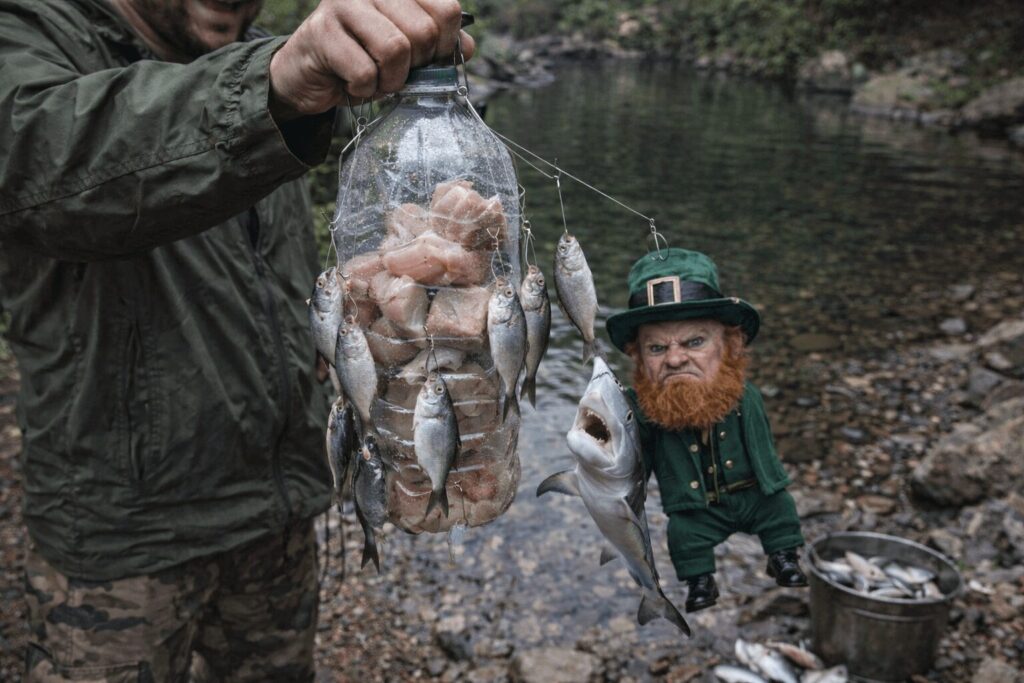 Person holding a plastic bottle fish trap stuffed with raw chicken with fish, a shark, and an angry leprechaun hanging from the hooks beside a small freshwater pool