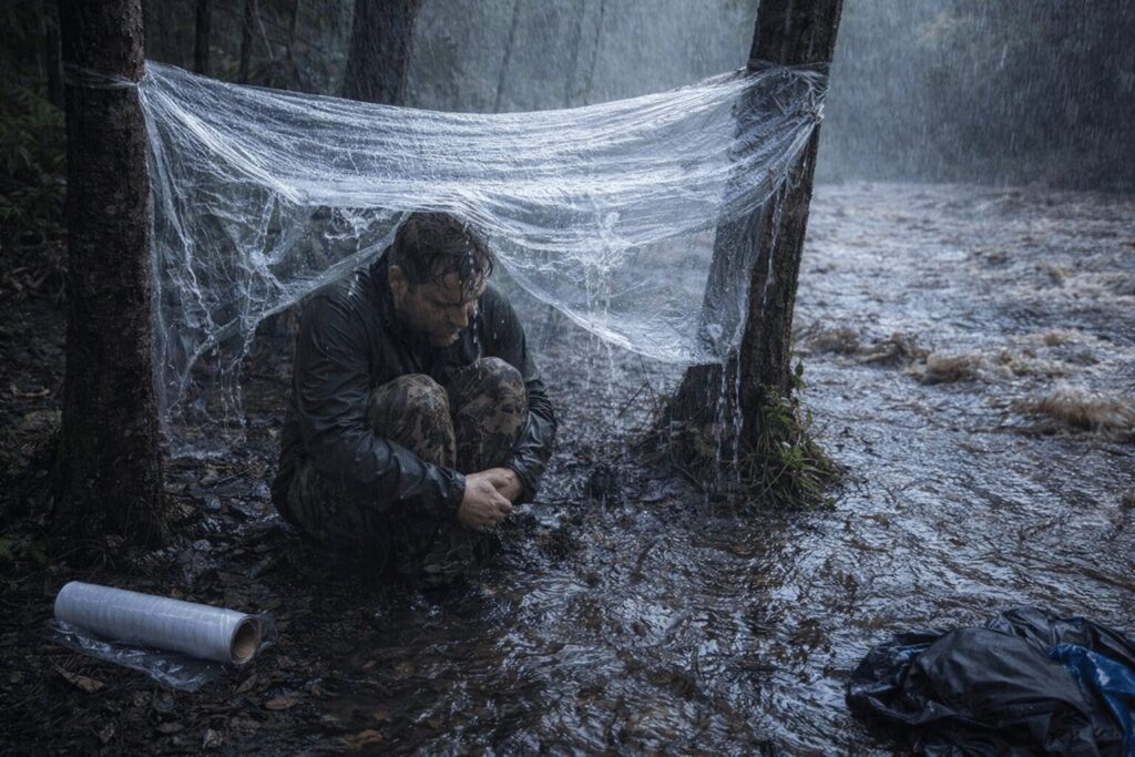 Man sitting under a sagging plastic wrap shelter in heavy rain next to a rising stream while water floods the ground