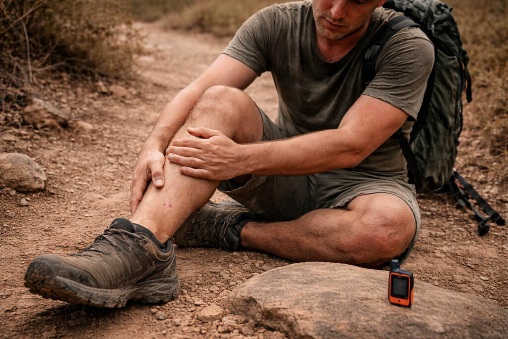 Man sitting on rocky trail after rattlesnake bite on lower leg using Garmin inReach device to signal for help