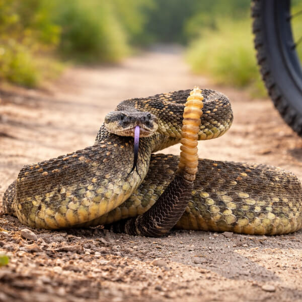 Coiled rattlesnake on a dirt trail with a mountain bike tire in the background showing potential snake encounter while biking