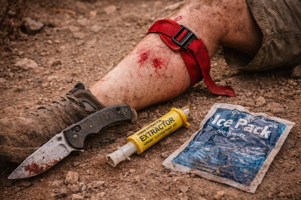 Swollen rattlesnake bite on lower leg with tight tourniquet, knife, suction kit, and ice pack showing incorrect treatment methods