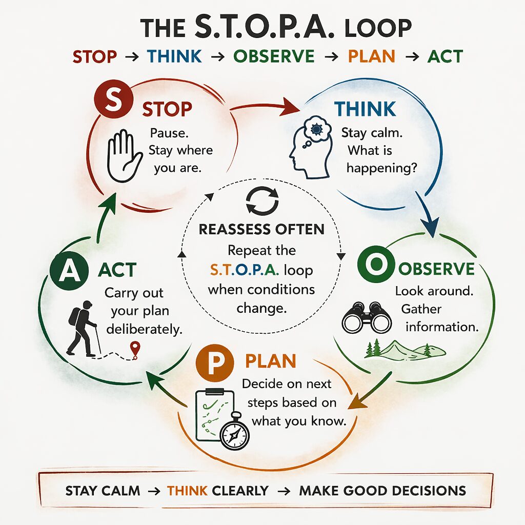 Diagram showing the STOPA loop for wilderness decision making stop think observe plan act