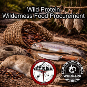 Primitive fish basket trap, trout, rabbit, cordage, and bushcraft knife displayed on a stump beside a forest creek to represent wilderness food procurement and survival skills training.