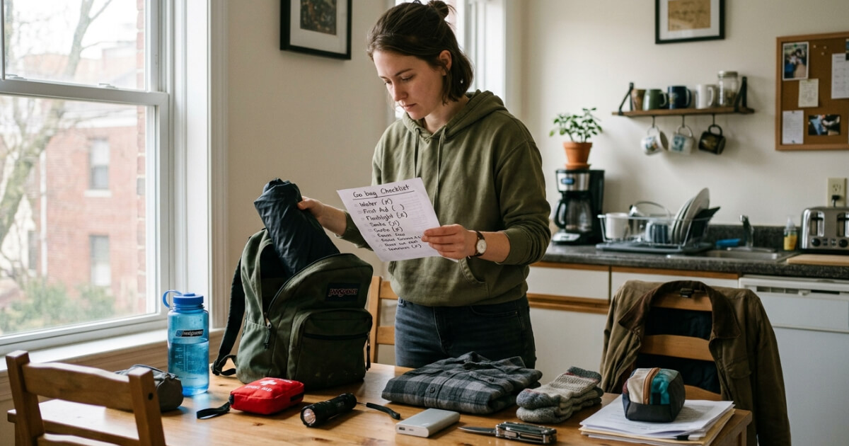 Person packing a go bag while checking items off a printed checklist at home