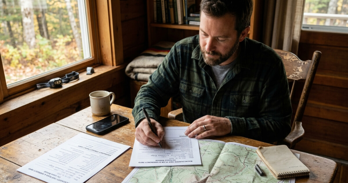 Person filling out a printed trip plan with map and notes at a table before an outdoor trip