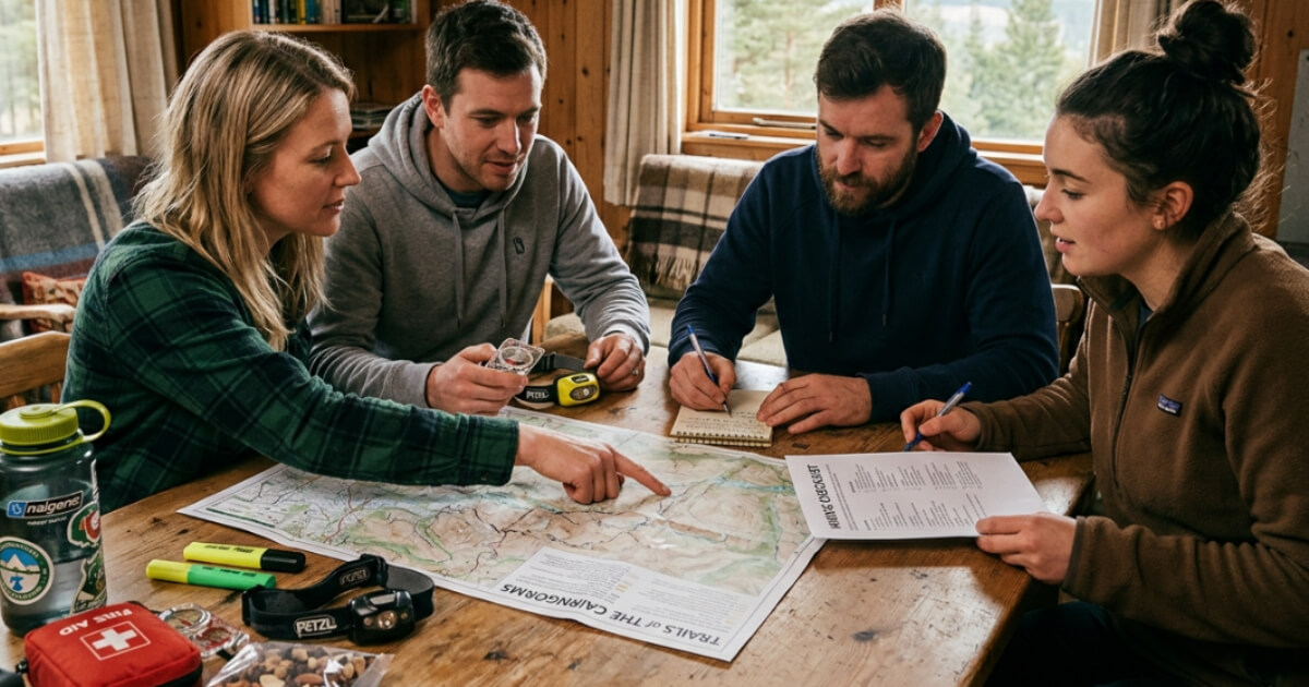 Group planning an outdoor trip using a map and printed checklist at a table