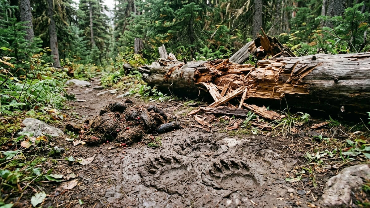 Fresh bear sign on a forest trail, including large bear tracks in mud, berry-filled bear scat, and a torn apart rotten log in a conifer forest.