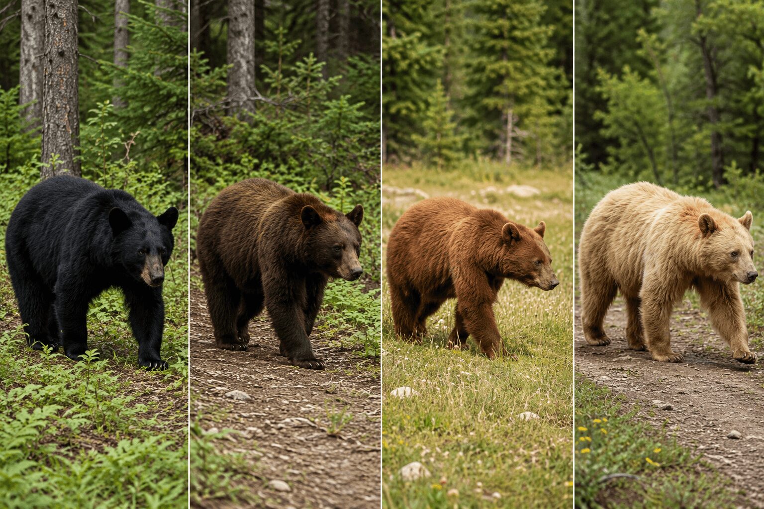 Four American black bears with different coat colors, including black, dark brown, cinnamon, and blond.