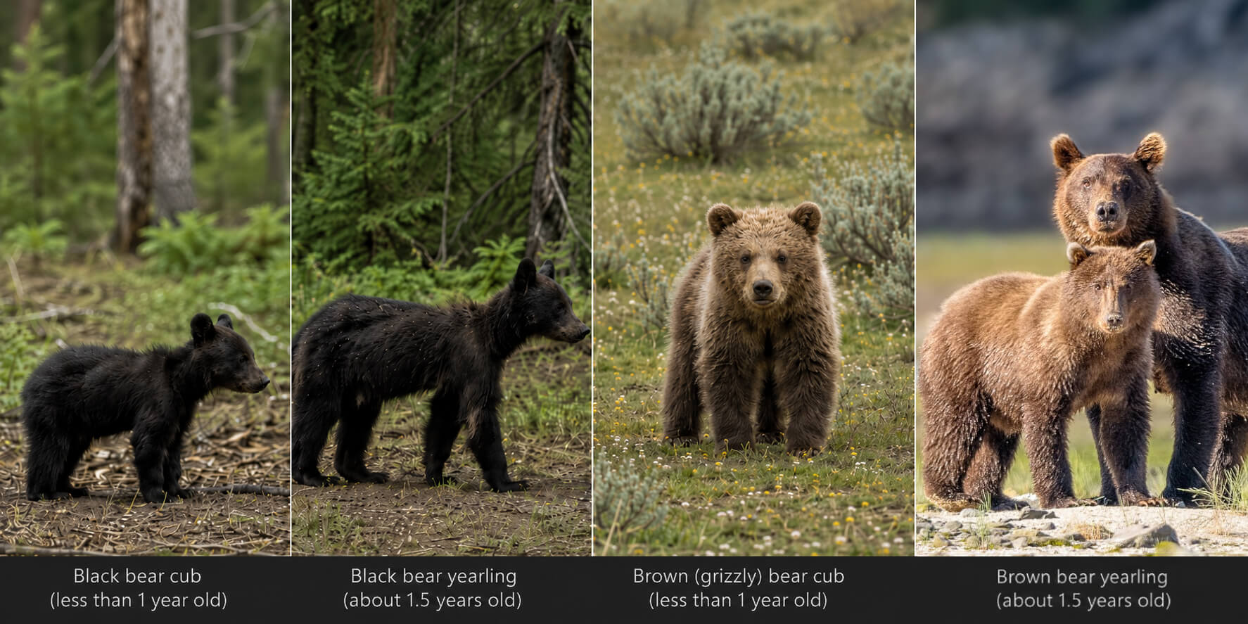 Comparison of black bear and grizzly bear cubs, showing young cubs under 1 year old and older yearlings around 1.5 years old.