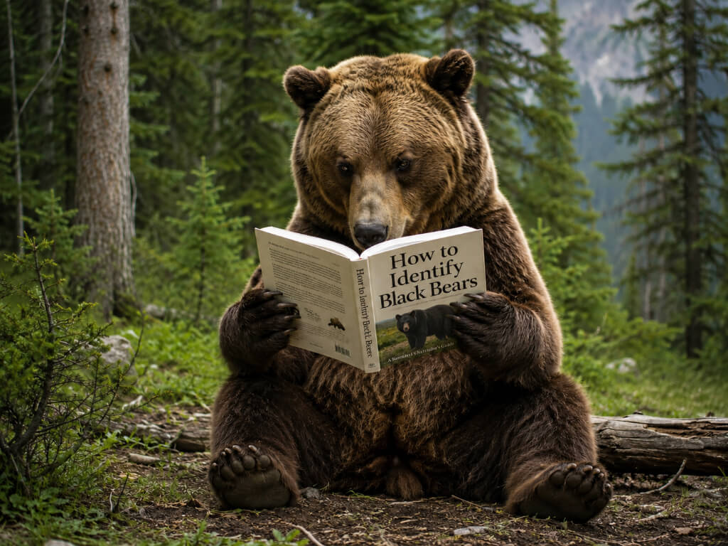 Brown bear sitting in a forest reading a book titled How to Identify Black Bears.
