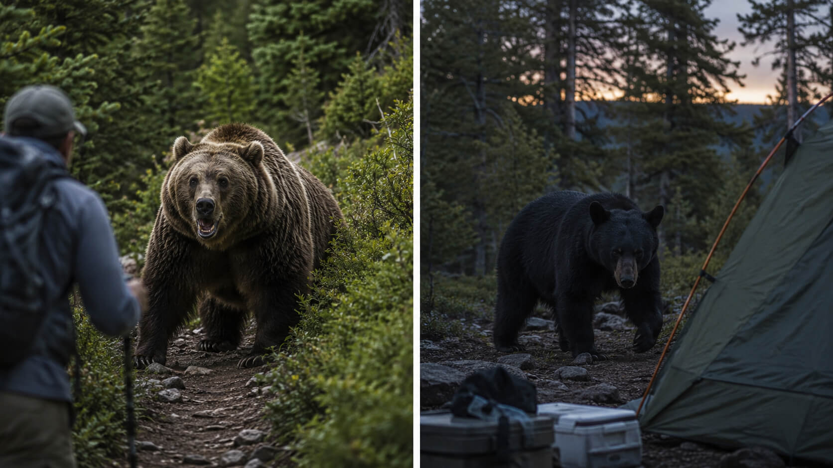 Split image showing a defensive brown bear encounter on a trail and a black bear approaching a campsite at dusk.