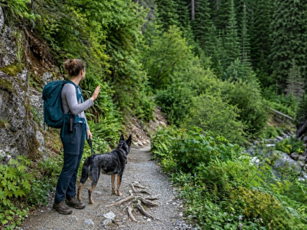 Hiker paused on a mountain trail with a leashed dog, bear spray visible, scanning dense forest before a blind section of trail.