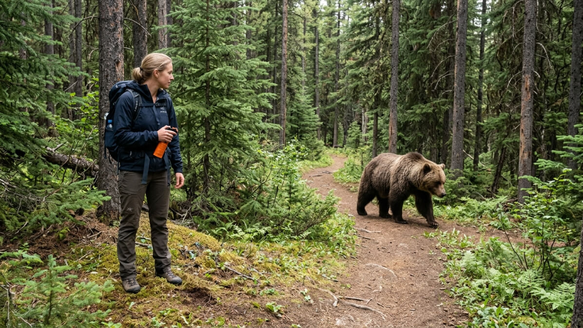Woman hiker standing well off a forest trail with bear spray ready while a brown bear walks past on the trail.