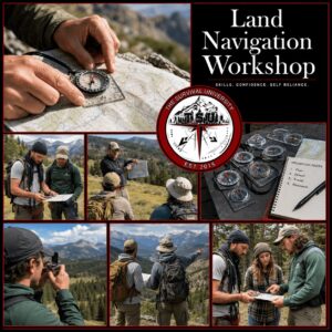 Land Navigation Workshop collage featuring students using topographic maps and compasses during outdoor navigation training in the Colorado mountains.