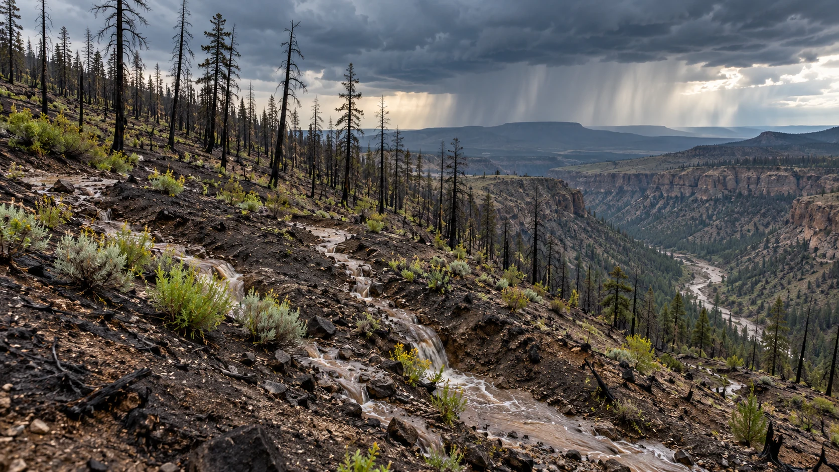 AI-generated illustration of runoff crossing a burned forest slope above a canyon.