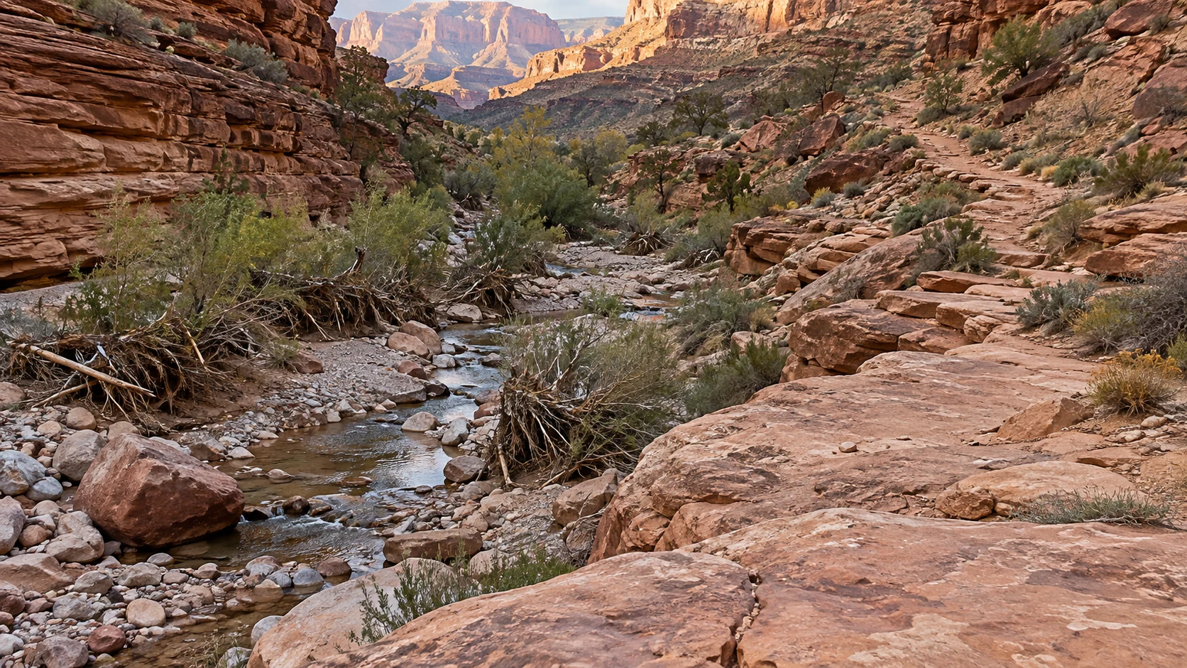 AI-generated illustration of debris along a desert wash beside a rocky route leading uphill.