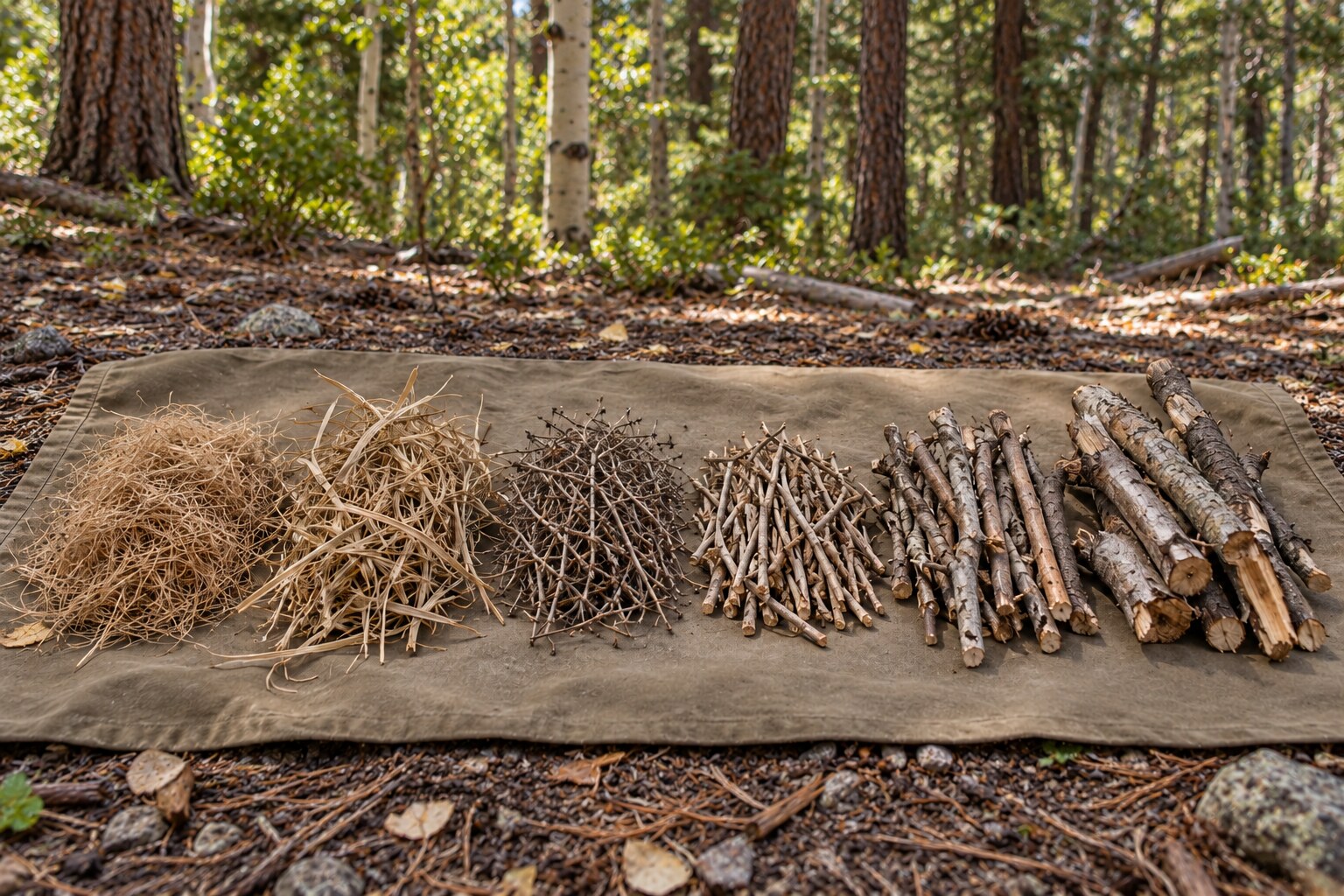 Dry grass tinder and dead twigs sorted into progressively larger fuel sizes on a canvas cloth