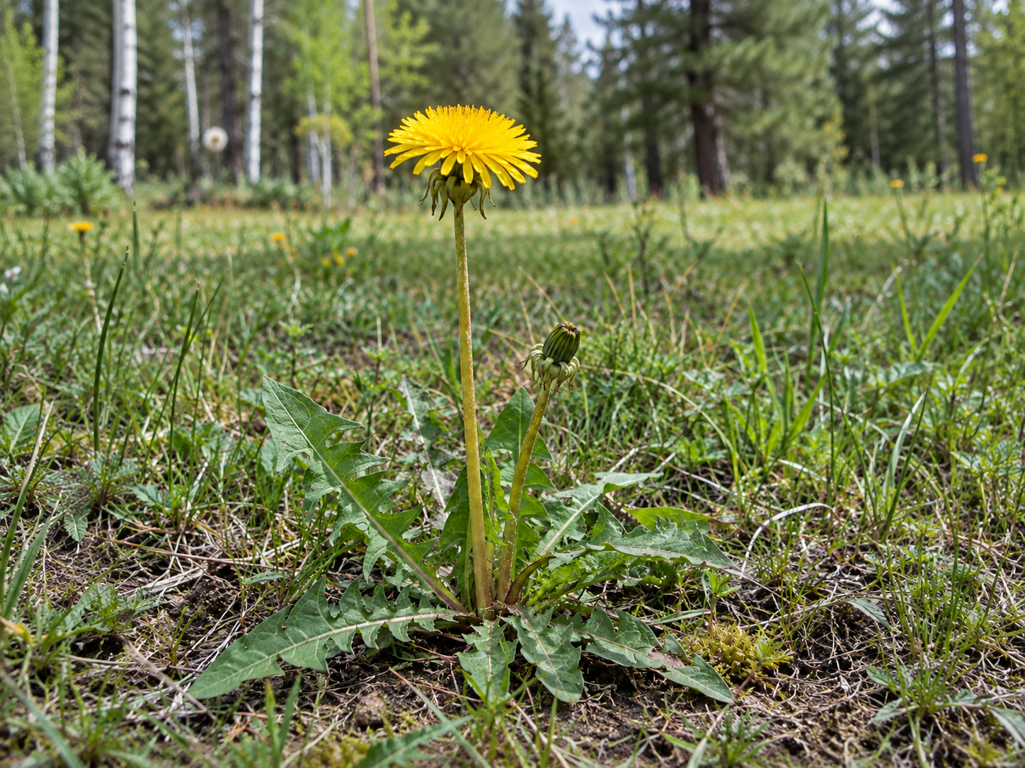 Common Dandelion Whole Plant Identification Common dandelion plant showing the yellow flower, green bracts, leafless stalks, bud, and basal rosette of toothed leaves.