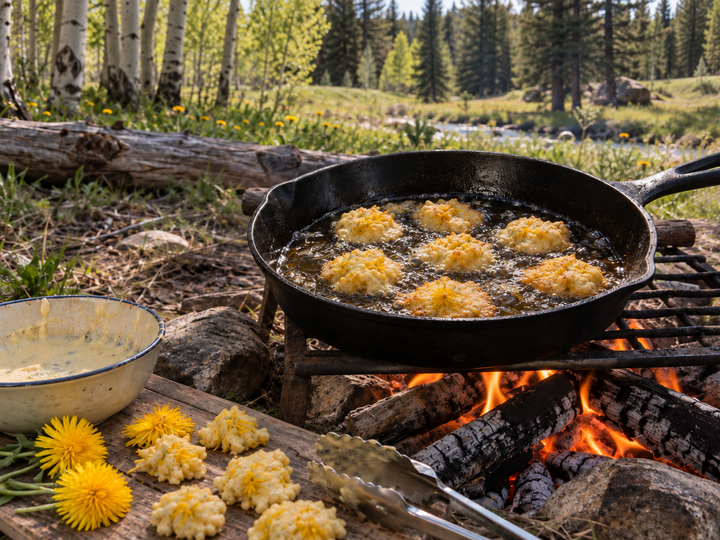 Dandelion Fritters Cooking Over a Campfire Dandelion flower fritters frying in a cast-iron skillet over a campfire with batter, flowers, and tongs nearby.