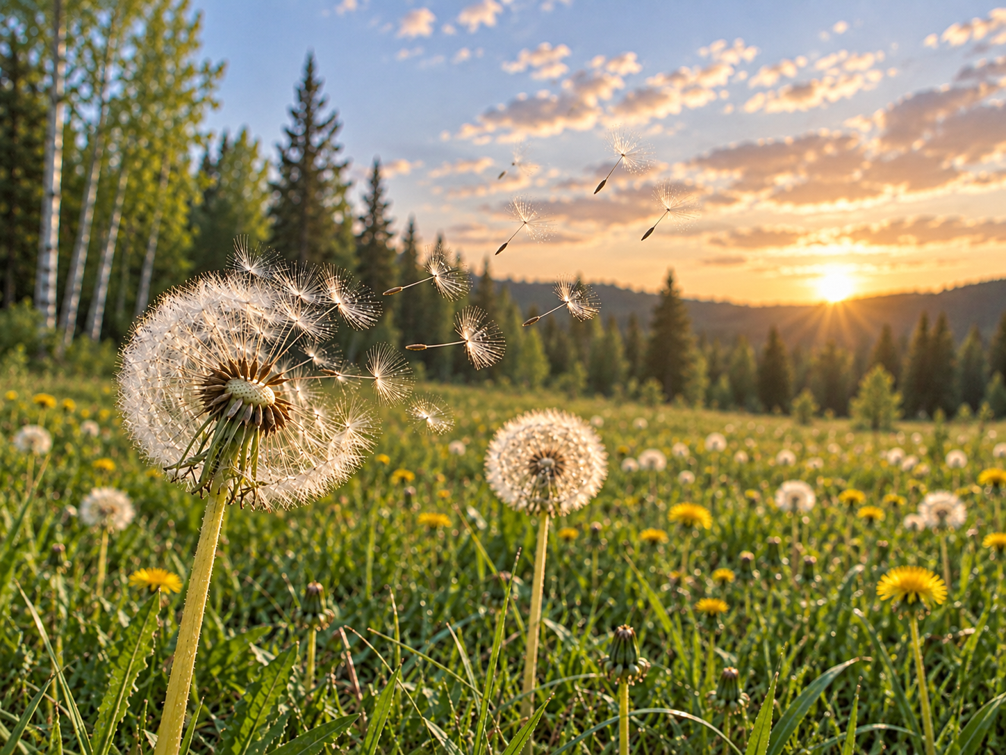Dandelion Seeds Drifting in the Wind Dandelion seed head releasing seeds into the breeze over a meadow at sunset.