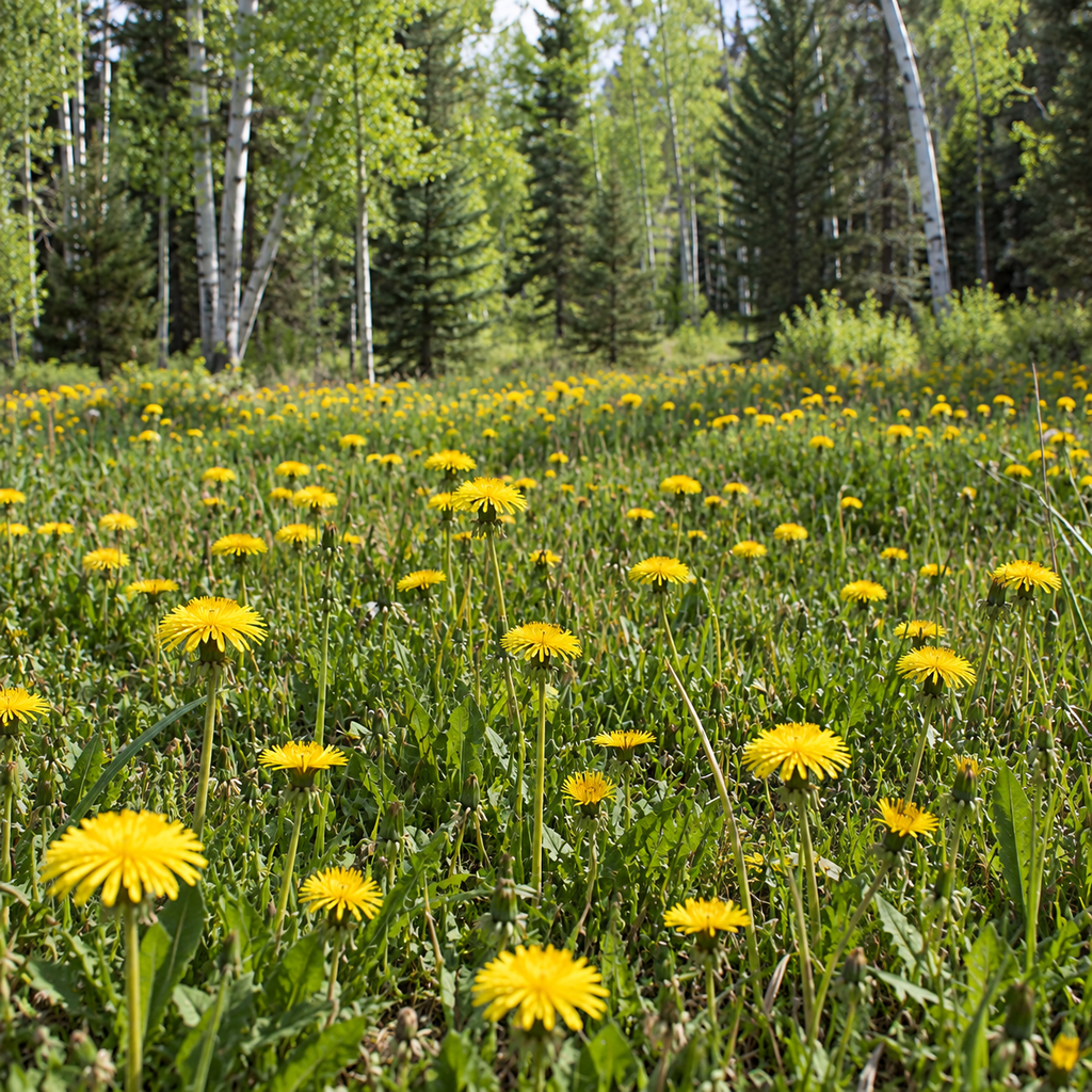 Field of yellow dandelions blooming beside an aspen and pine forest.