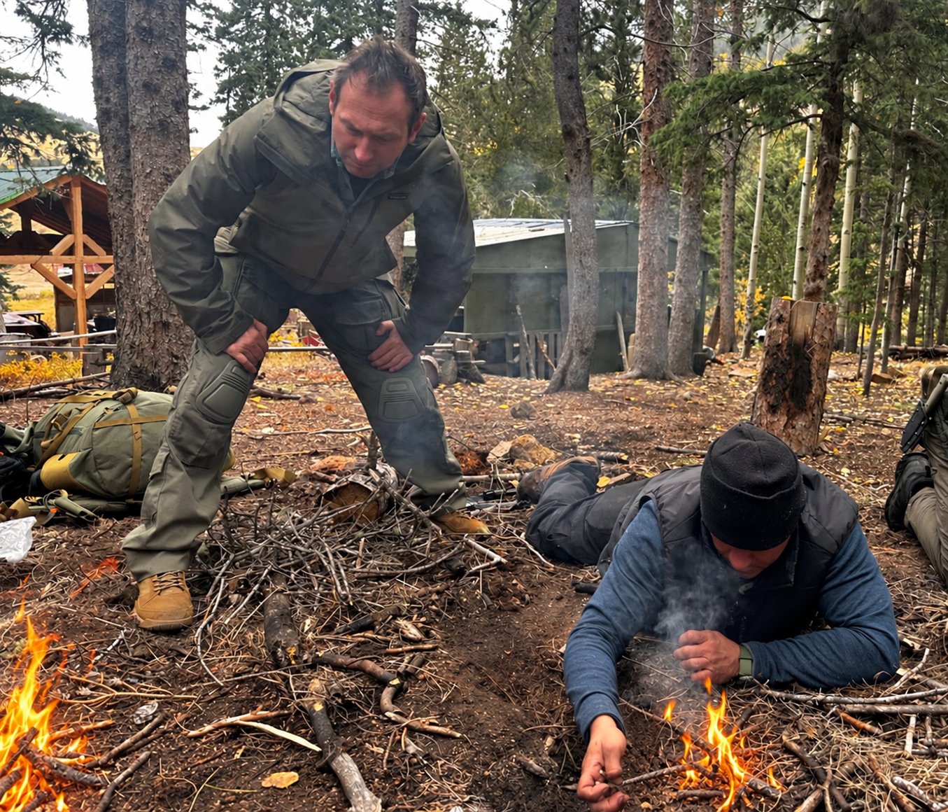 Instructor watching a participant tend a small fire during outdoor survival training