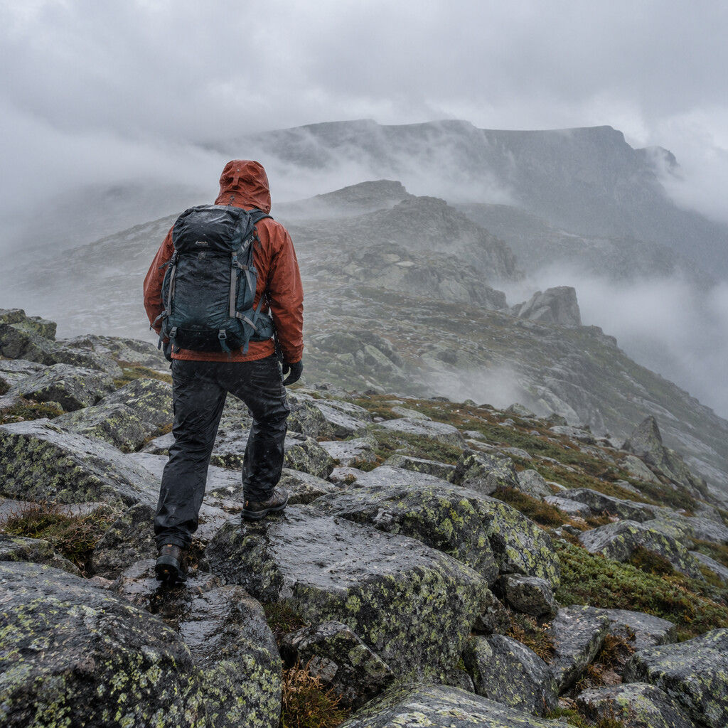 A hiker in rain gear stands on wet granite above treeline with wind driven rain and low cloud.