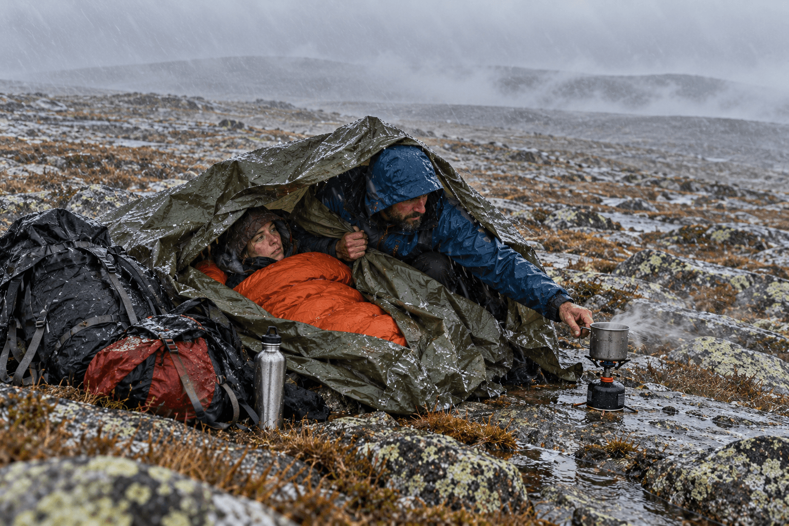 Two hikers wrapped in a wet tarp on Mount Katahdin’s exposed Tableland, heating water on a camp stove in wind and rain.