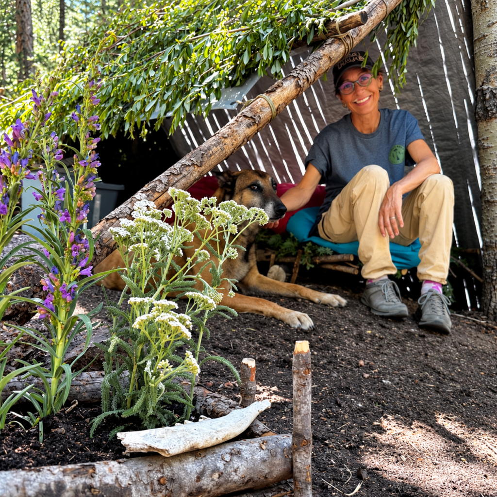Woman sitting with a dog beneath a woodland shelter, with leafy roofing and a flower bed bordered by logs