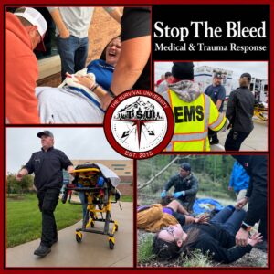 Stop The Bleed and Medical & Trauma Response collage showing simulated patient care, EMS responders, stretcher training, and outdoor medical practice around the TSU logo.