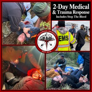TSU 2-Day Medical and Trauma Response course collage featuring outdoor patient care, nighttime training, and EMS teamwork around The Survival University logo.