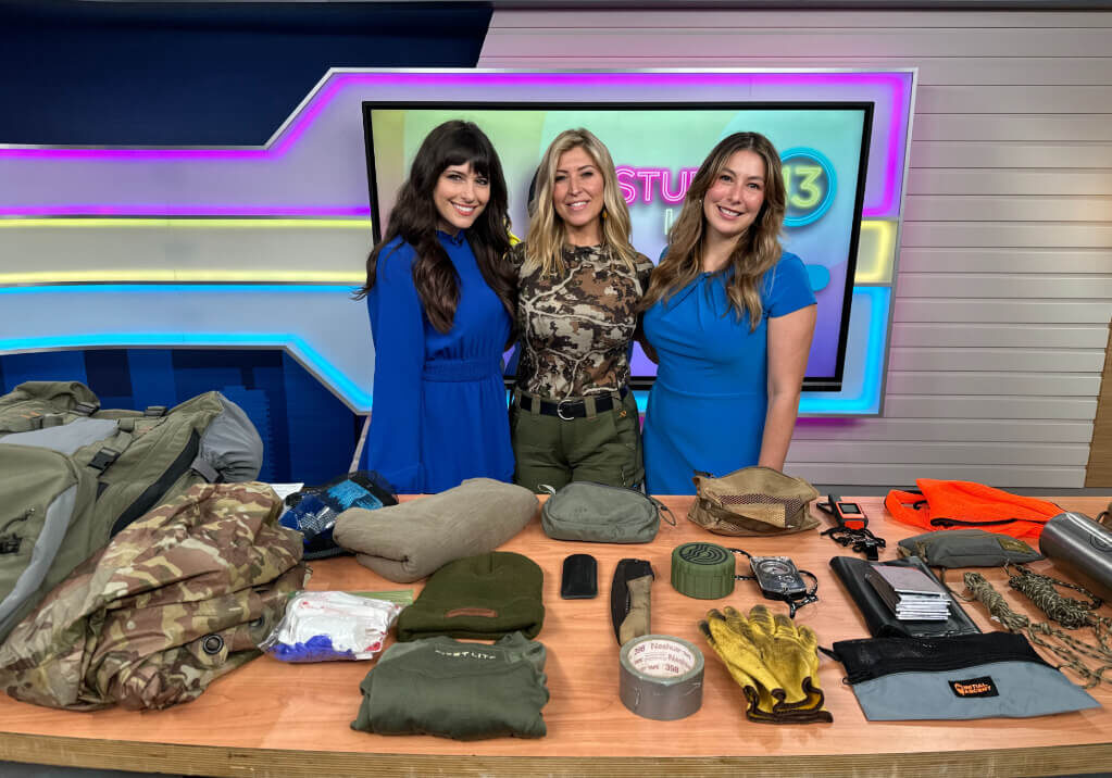 Jess Caldwell appearing on Fox 13 Seattle during a television segment discussing survival gear and preparedness